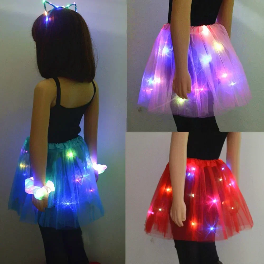 Led Tutu Magic Skirt Cat Ear Headband Glow Party Costume for Girls Glow Party Supplies