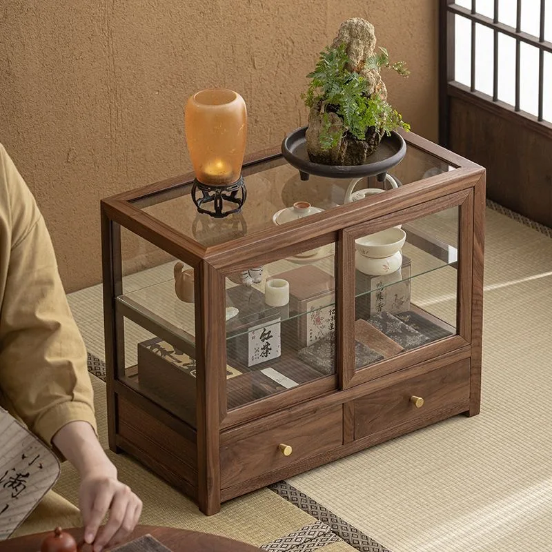 Desktop teapot storage box, black walnut teacup tea set holder, glass storage cabinet, solid wood finishing display cabinet