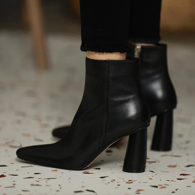 Thick Heel Ankle Boots Modern Woman Shoes Cowhide Winter Boots Simple Style Women Shoes Side Zipper All Match Ladies Retro Shoe