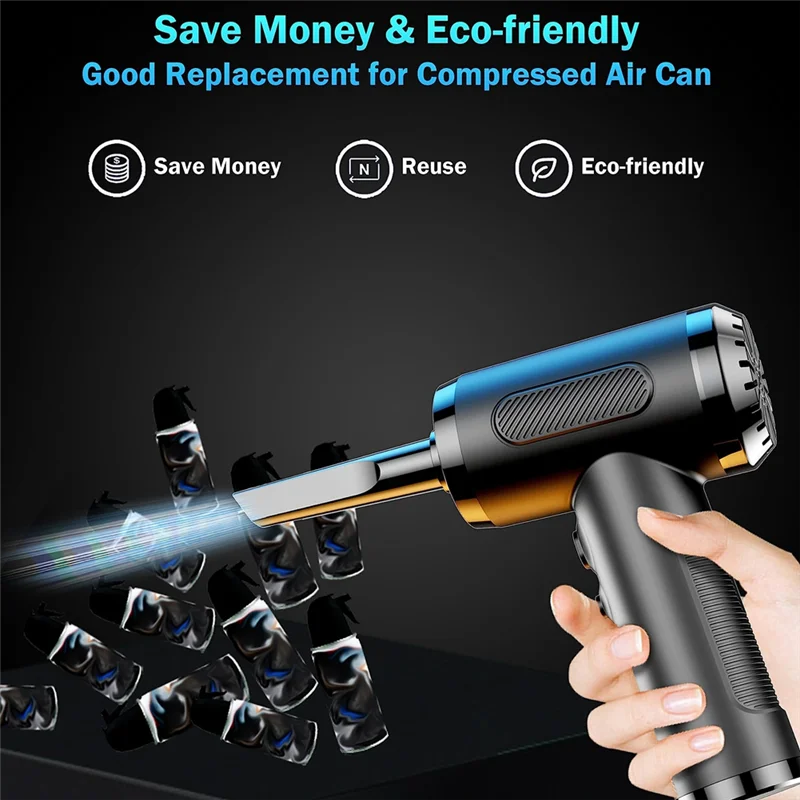 

Compressed Air Duster For Cleaning, Rechargeable Portable Cleaning Kit, 3 Speeds Small Electric Cordless Air Blower Black