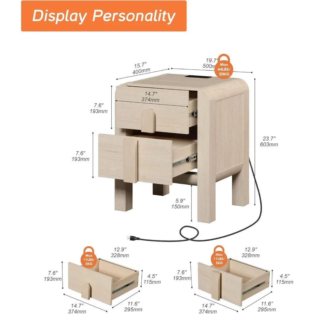 منضدة طويلة معاصرة مع قاعدة شحن، طاولة بجانب السرير خشبية ذات درجين، تصميم منحني، مثالية لجانب الأريكة #3