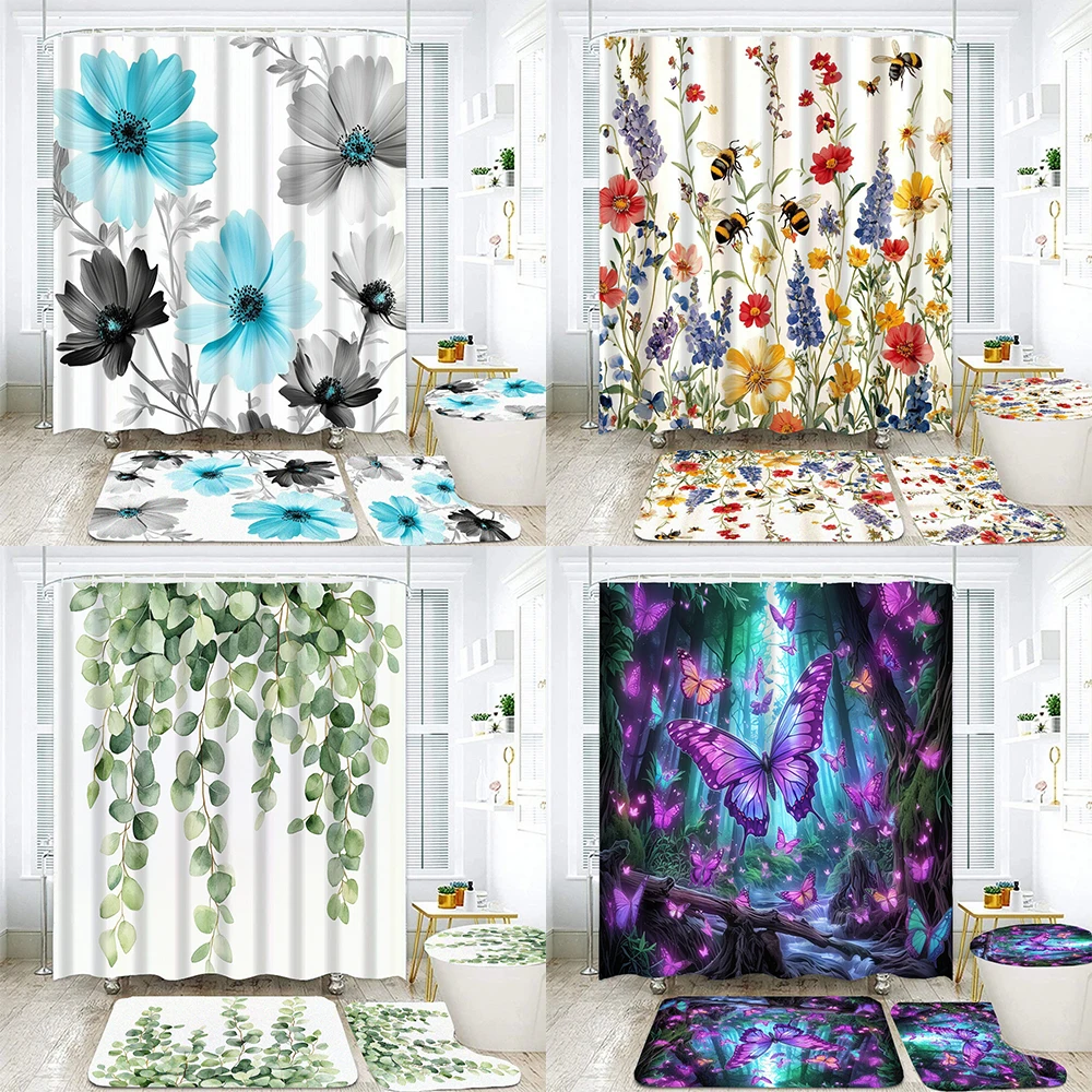 

Водонепроницаемый комплект для душа: шторка с красивыми цветами и растениями, коврик для ванной и туалета с крючками, декор для ванной комнаты