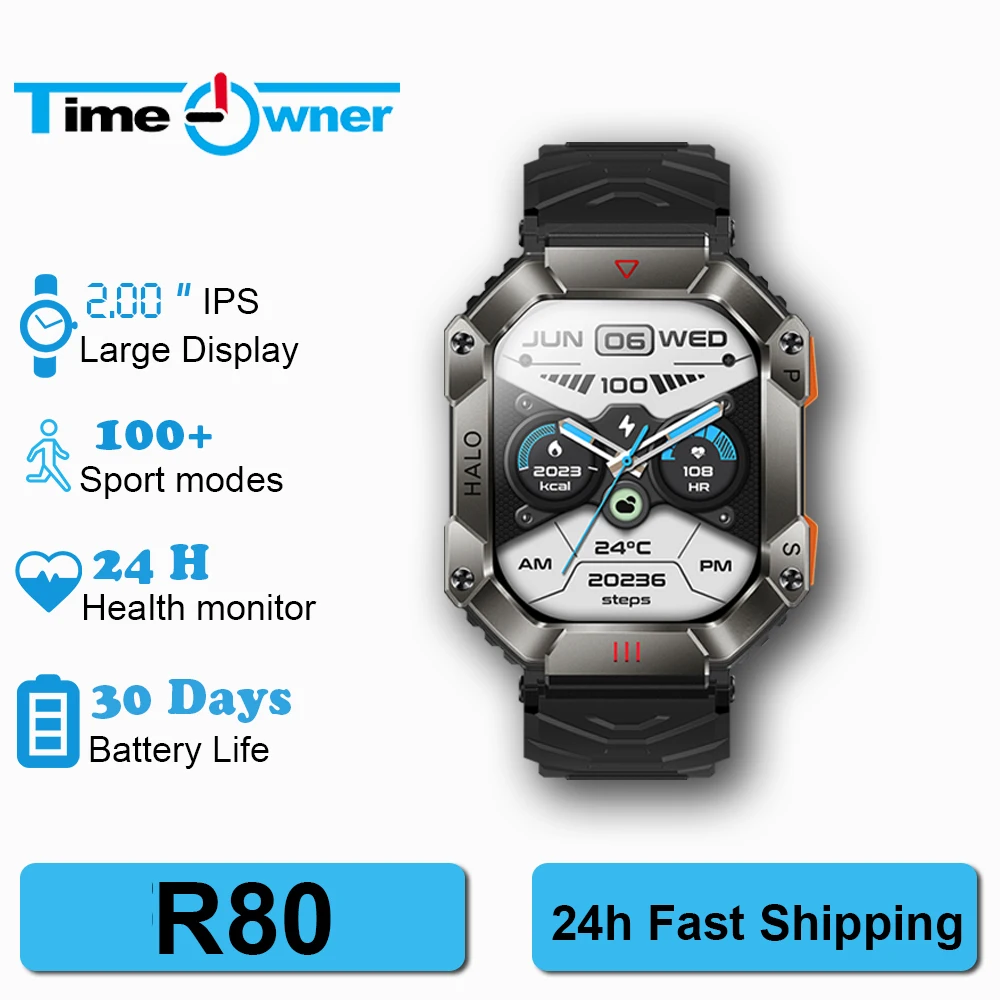 Time Owner 2 inches HD Display Screen 650 mAh Long Battery Life Outdoor Sports Daily Monitoring Health KR80 Smartwatch