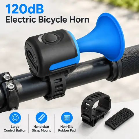 120dB Electric Bicycle Horn, Large Control Button, Handlebar Strap Mount, Non-Slip Rubber Pad, CR2032 Battery Power, for Road Bikes, Mountain Bikes, Scooters and Beach Cruisers, ABS and PC, black, red or blue, two 3V CR2032 batteries
