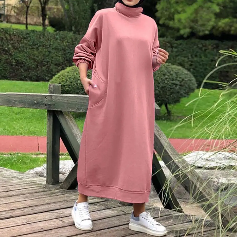 M-4XL Women Autumn Winter Hoodie Dress Loose Long Sleeves Solid Color Turtleneck Casual Plus Size Hooded Sweatshirt Dress