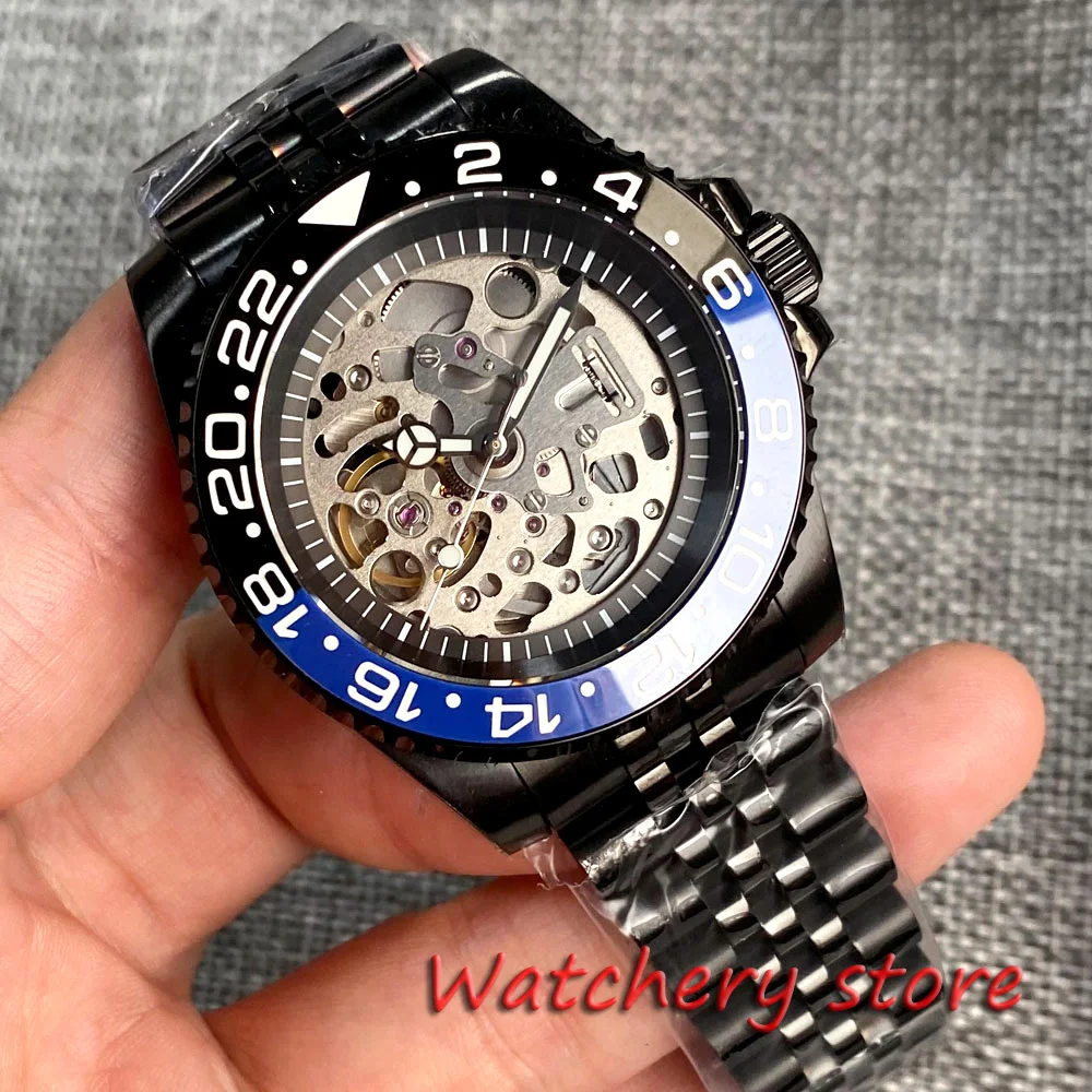 New 40mm NH70 Movement Black PVD Mens Watch Sapphire Glass Luminous Hands Ceramic Black Blue Bezel steel Bracelet