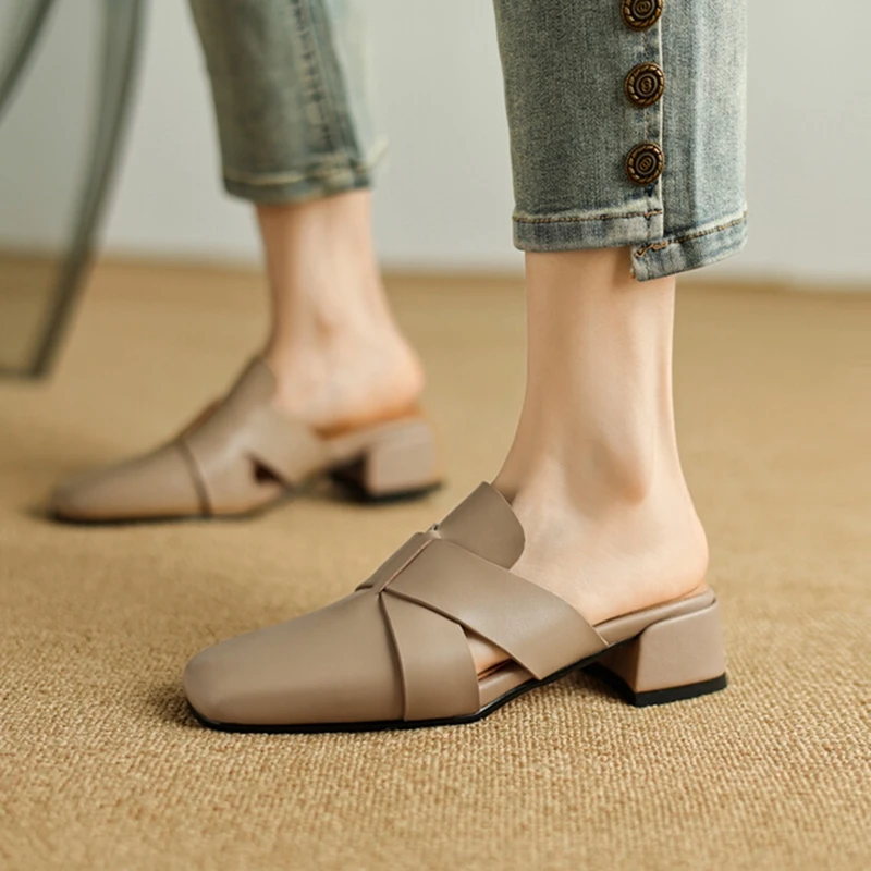 NEW Summer Women Mules Genuine Leather Shoes for Women Cover Toe Chunky Heel Slippers Concise Square Toe Handmade Modern Sandals