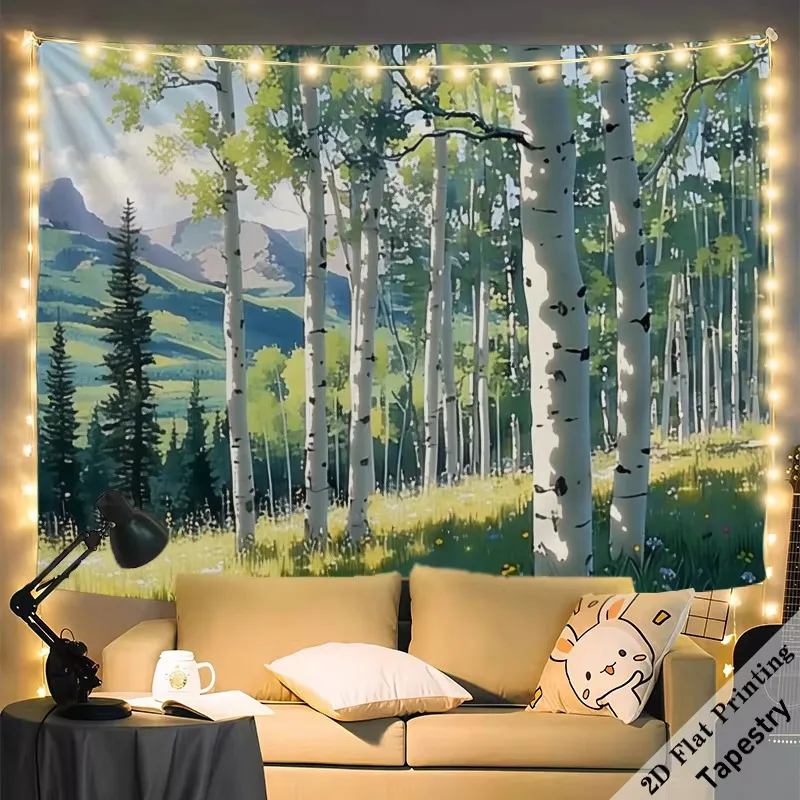 Huge Forest Scene Birch Tree Tapestry Wall Hanging, Green Boho Nature Landscape Decor Art for Bedroom Living Room Home Gift