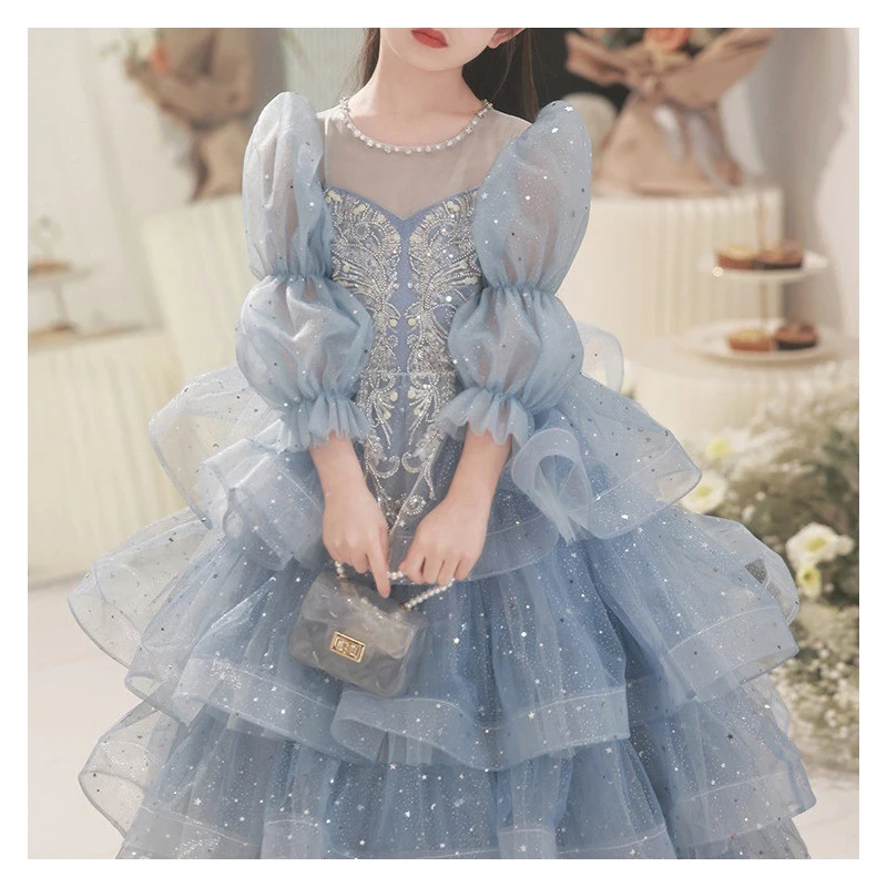 Children's evening dress, blue princess dress for girls small hostess light luxury long sleeves show dress for girls