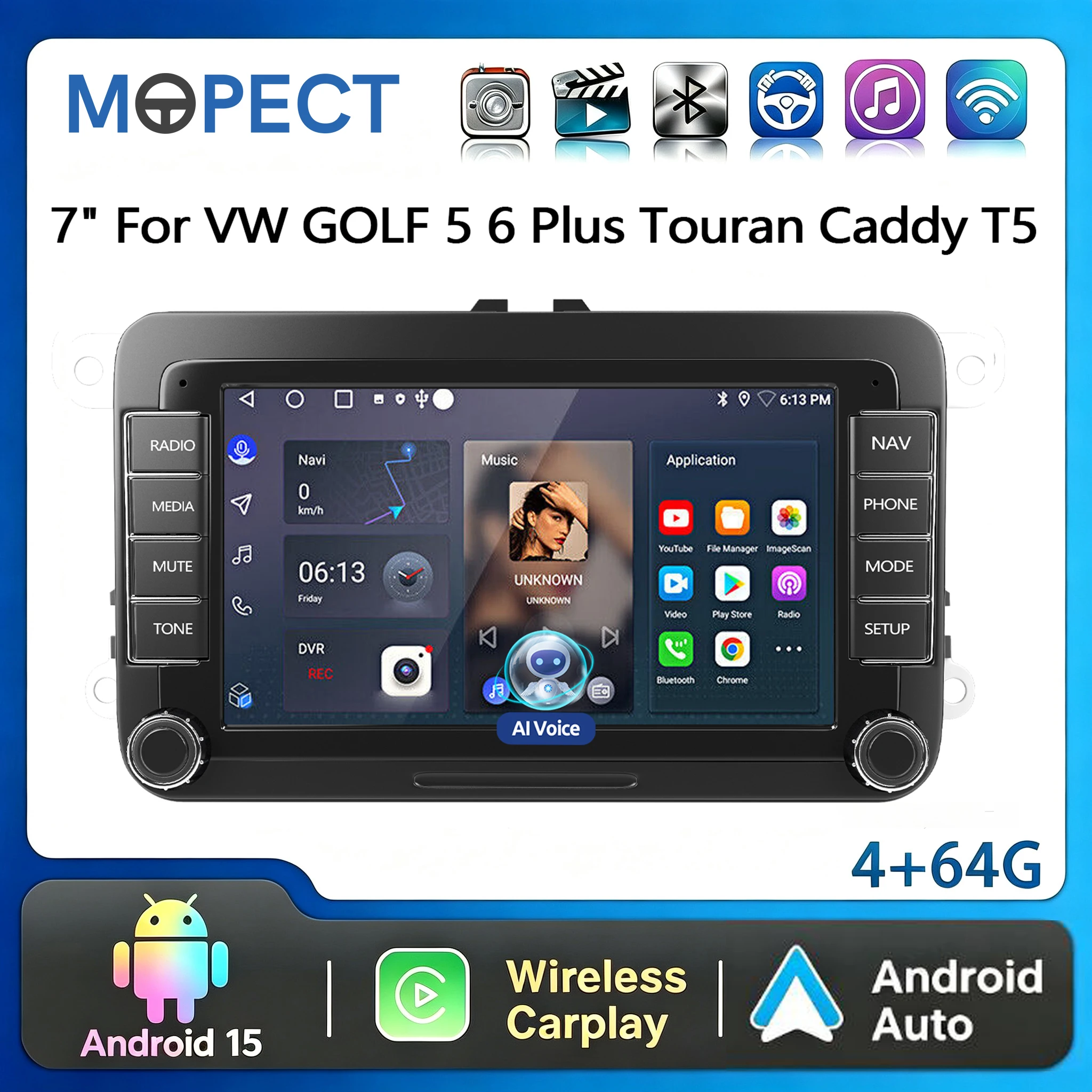 MOPECT 7" Android 15 64G Carplay Wireless Android Auto per VW Touran Polo Caddy EOS Tiguan 6R Passat Jetta Golf Rabbit T5 Sharan Autoradio Stereo GPS Navigazione FM BT WiFi RDS SWC Mirror Link AI