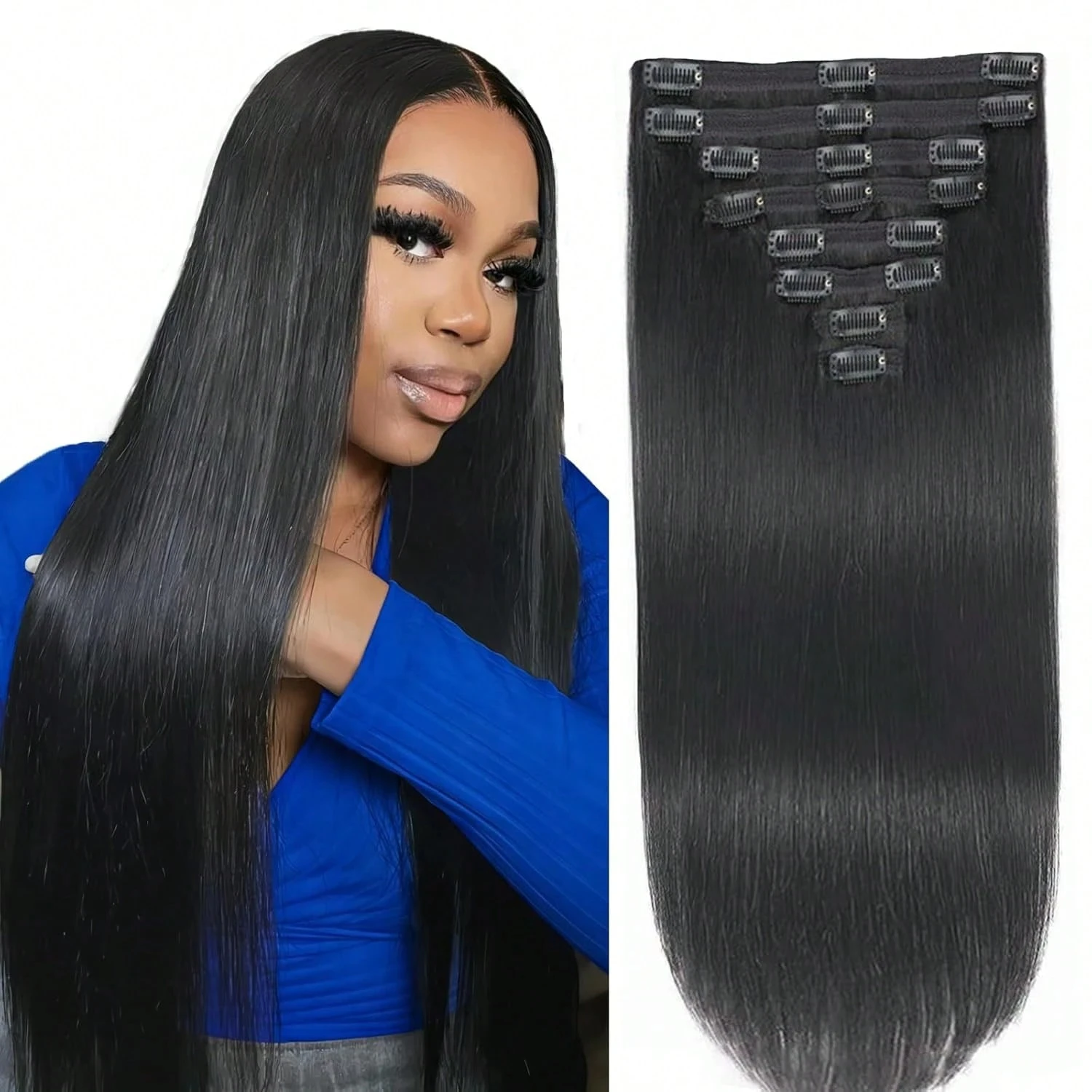 16-28Inch Straight Human Hair Clip in Extensions, Unprocessed Brazilian Virgin Hair Natural Black Full Head 8Pcs 120G, No Tangle Silky Soft For Daily & Party