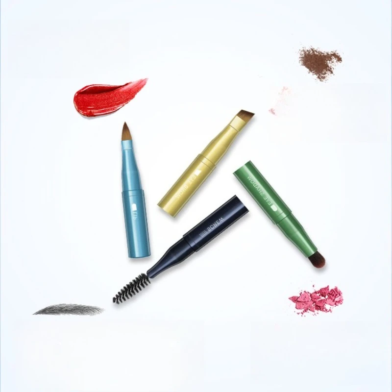 Detachable 4-in-1 Makeup Brush Set Soft Bristles & Sponge Applicator for Lips and Eyeshadow Portable with ABS Handle