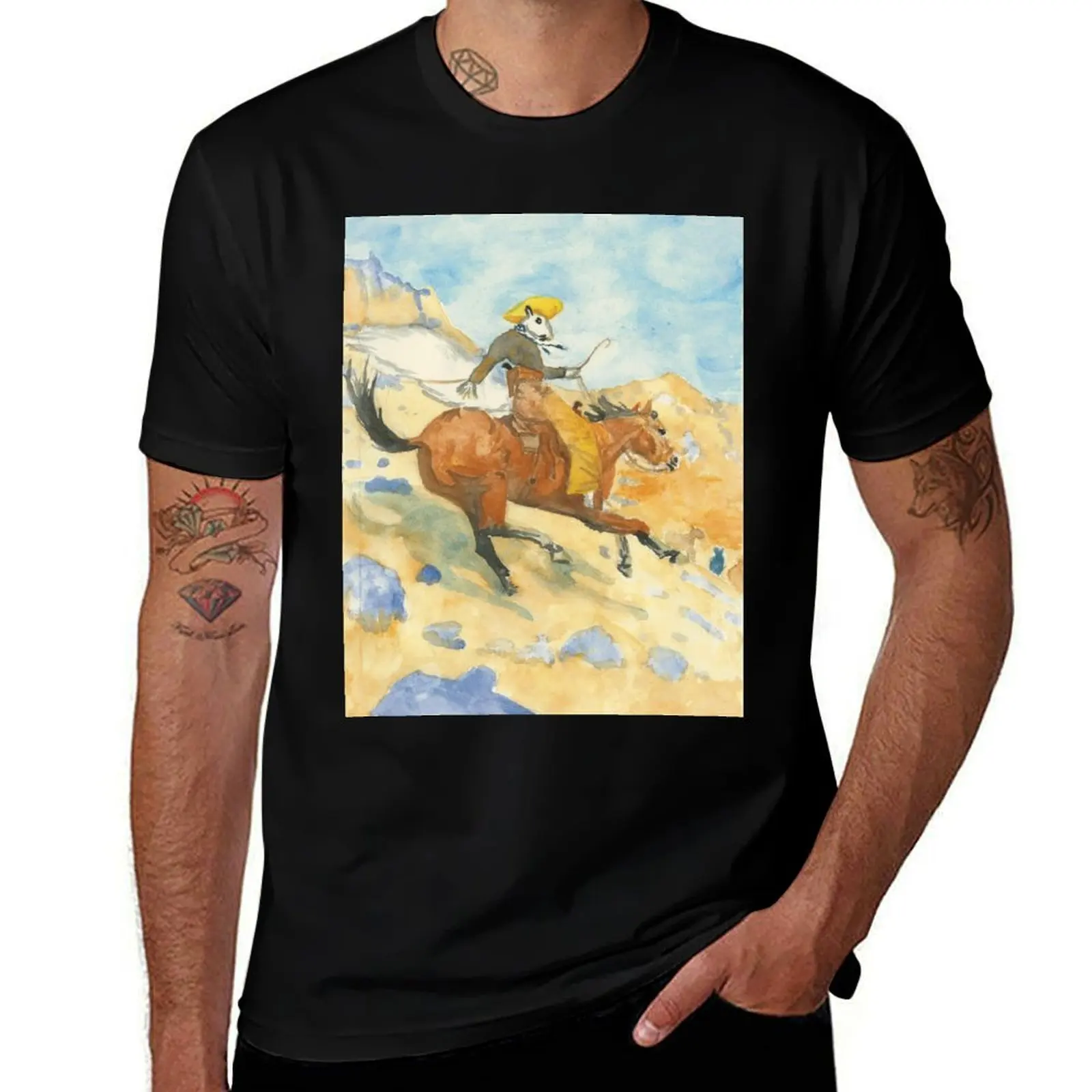 Ghost Squirrel Cowboy on Hill, after Frederick Remington T-Shirt Basic Tee Shirt for Everyday Outfit T-Shirt