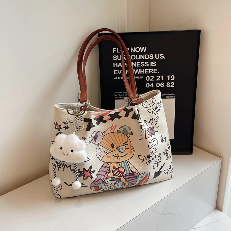 Cartoon Bear Fashion Versatile Large Capacity PU Leather Shoulder Bag Women's Casual Versatile Tote Bag Student Class Handbag