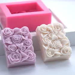 Molde rectangular de silicona con forma de rosa para fabricación de jabón, suministros artesanales para decoración del hogar, pastel hecho a mano, vela de Chocolate, regalos