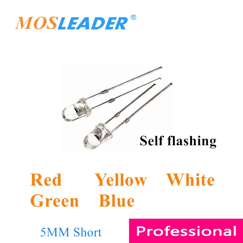 Mosleader 1000 peças 5mm led auto piscando vermelho azul verde amarelo branco transparente auto flsh led f5 pinos curtos 1.5hz feito na china