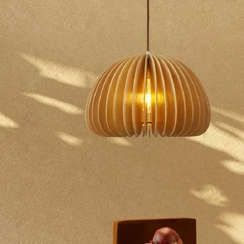 

Wood Art Pendant Light Japanese Style Dining Room Bed Room Bedside E27 Base Wooden Dia18/30/35/42cm Hanging Lamp Home Decorate