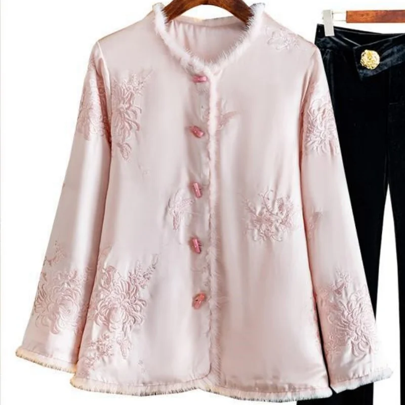Chinese Stijl Borduren Splicing Bont Zijden Jas Vrouwen Herfst Winter High End Single Breasted Katoen Dames Outerwears