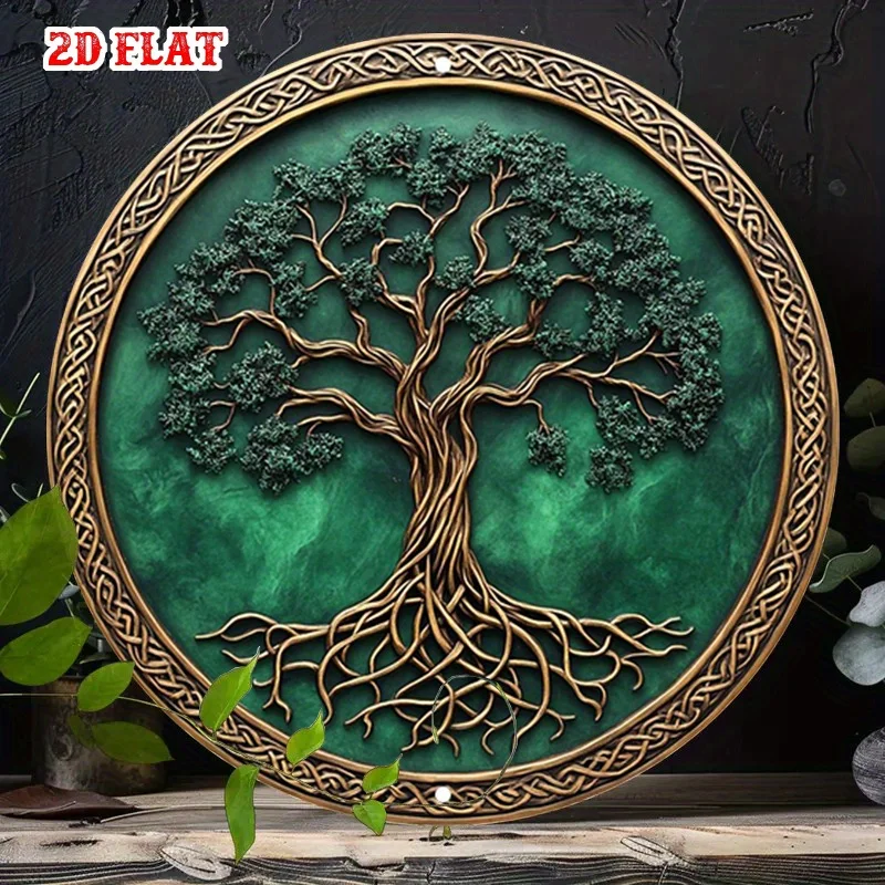 [Keltischer Knoten-Metallwandkunst] 1 Stück rundes Aluminiumschild – Baum des Lebens Metallblechschild, Keltisches Knoten-Design |   7,87x7,87" grüner Hintergrund