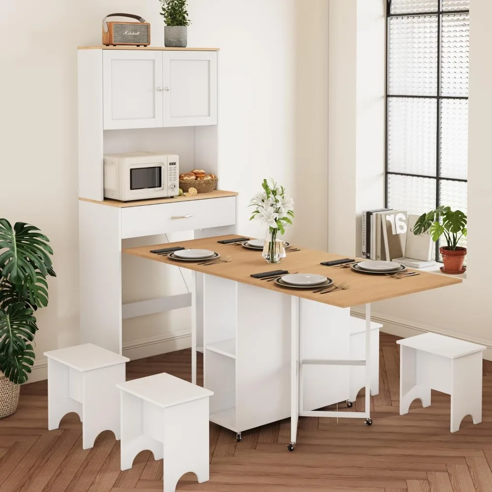 

63 Folding Dining Table Set and 71 Tall Sideboard Cabinet, Space Saving Wood Cupboard with Power Outlet, Kitchen Storage