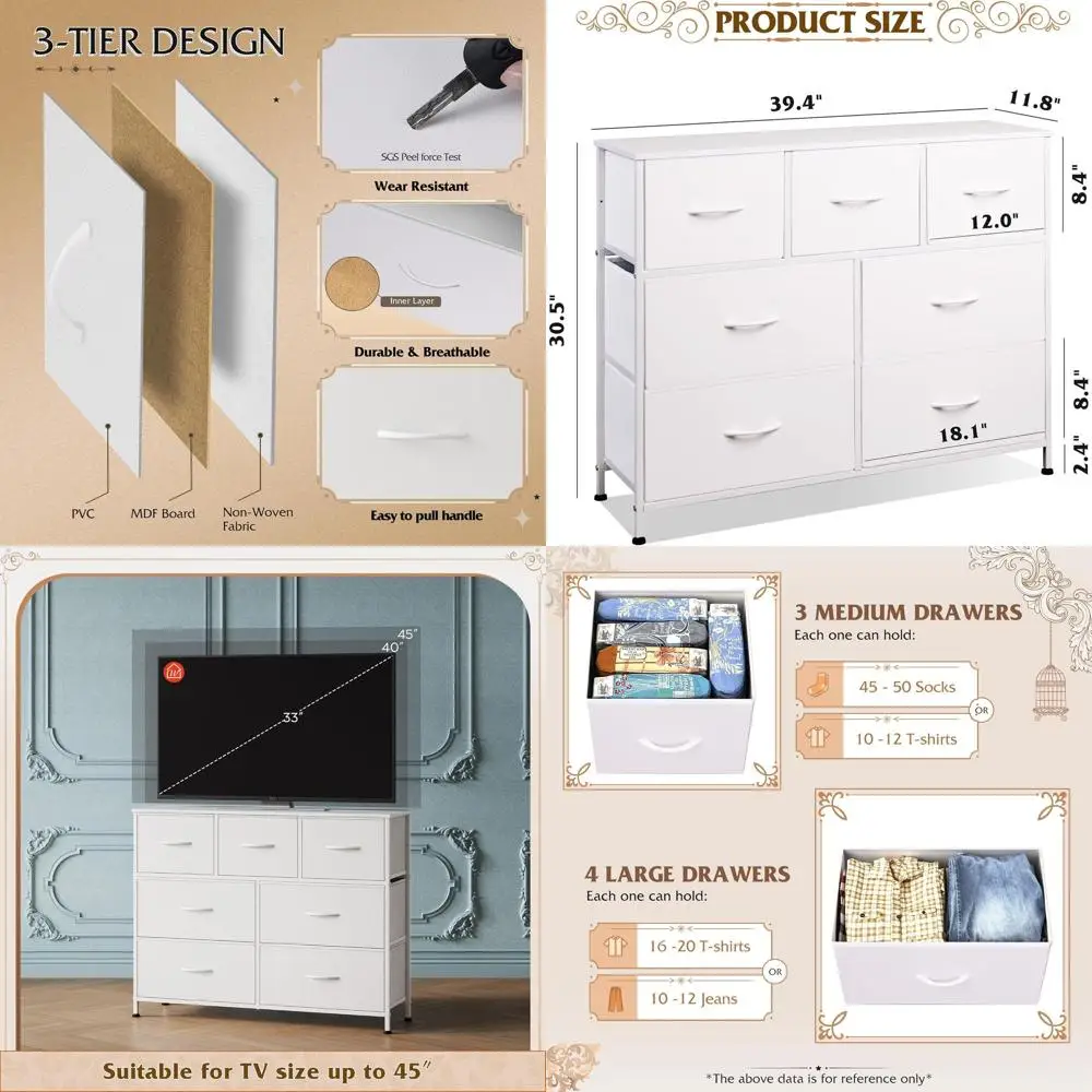 

Durable Steel TV Stand with Fabric Storage, Ideal for Living Room, Bedroom, Hallway, and Entryway, White with Wooden Top and Eas