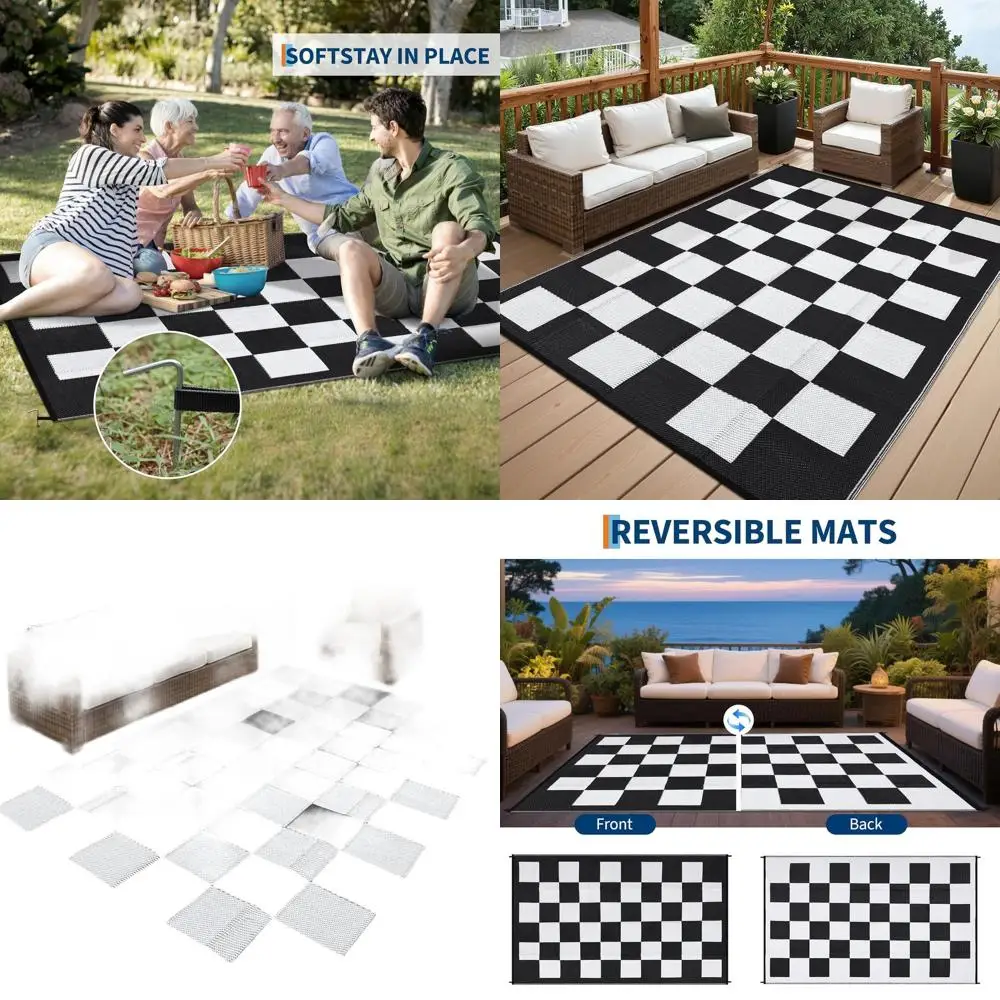 

Двусторонний уличный/внутренний клетчатый коврик с геометрическим рисунком, легкий пластиковый коврик для патио, пикника, пляжа - черный и белый