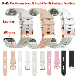 20mm Leather+Silicone Smart Watch Straps For Garmin Fenix 7S 6S Epix Gen Pro 2(42mm)Quickfit Rose Gold Buckle Bracelet Wristband