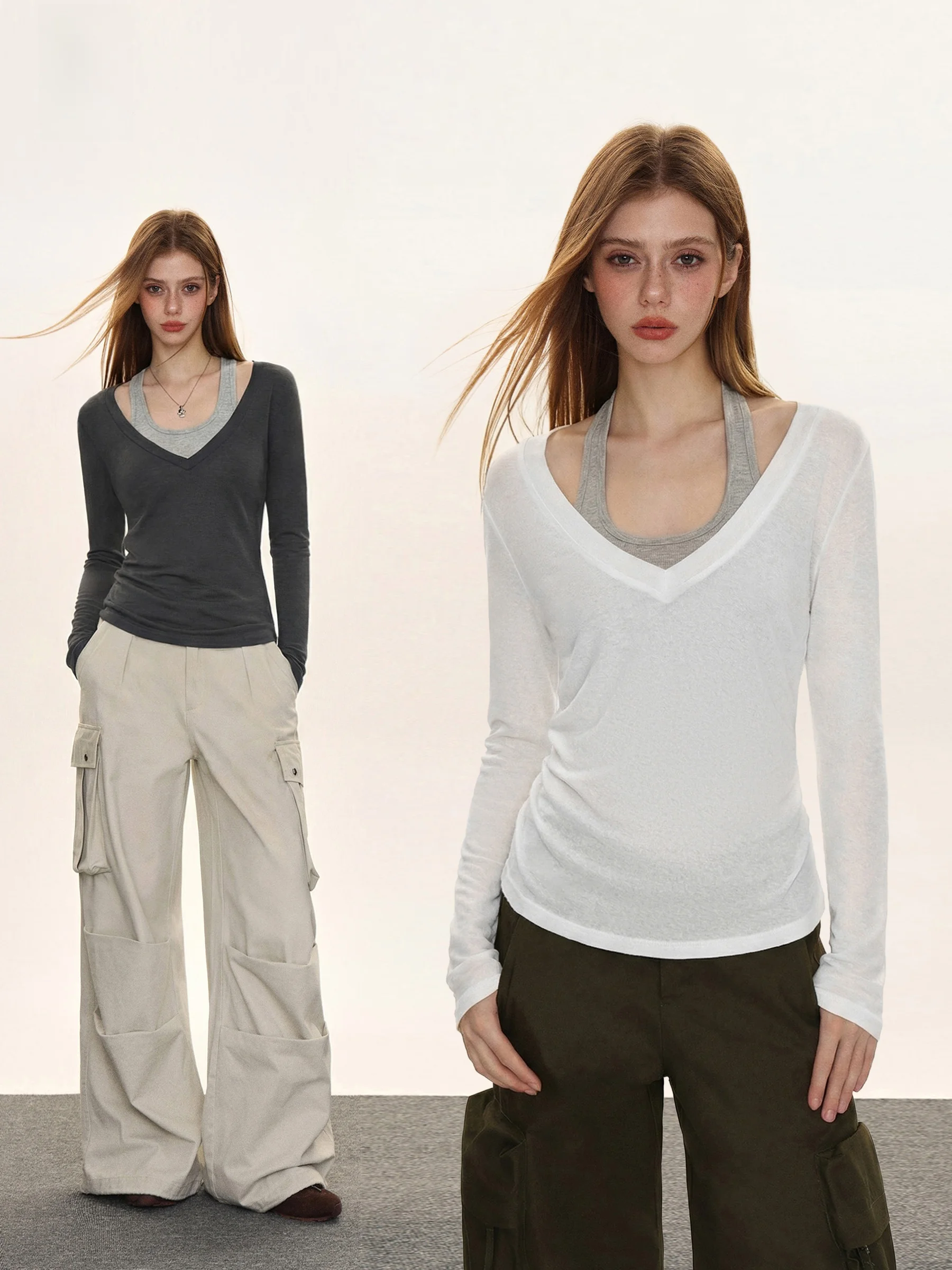

Spicy American Style V-Neck Hanging Neck Long Sleeve Women's Spring Casual Top Color Block Waist-Cinching Base Layer