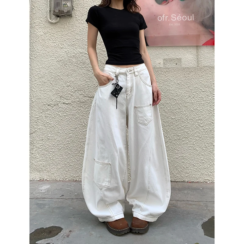 

Женские белые мешковатые джинсы в американском стиле ретро Y2k 2000-х годов, широкие джинсовые брюки с высокой талией, уличная одежда, брюки-карго бойфренда
