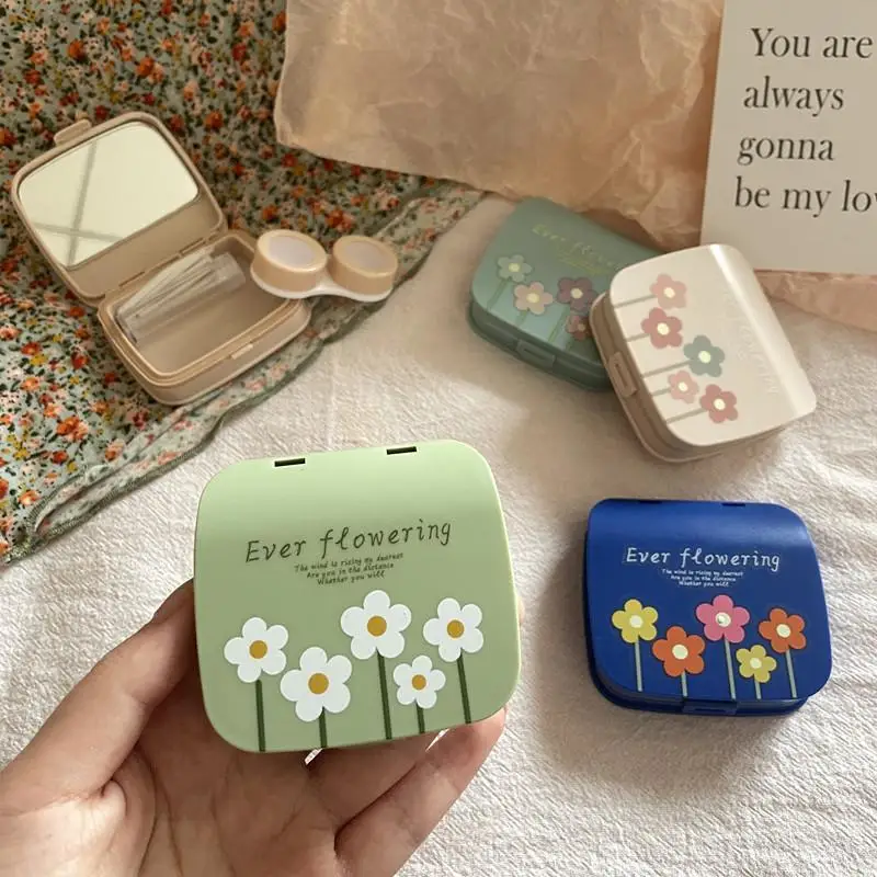 【Beautiful】Floral Contact Lenses Box Color Portable Contact Lens Case With Tweezer Suction Stick Set For Travel Kit Holder
