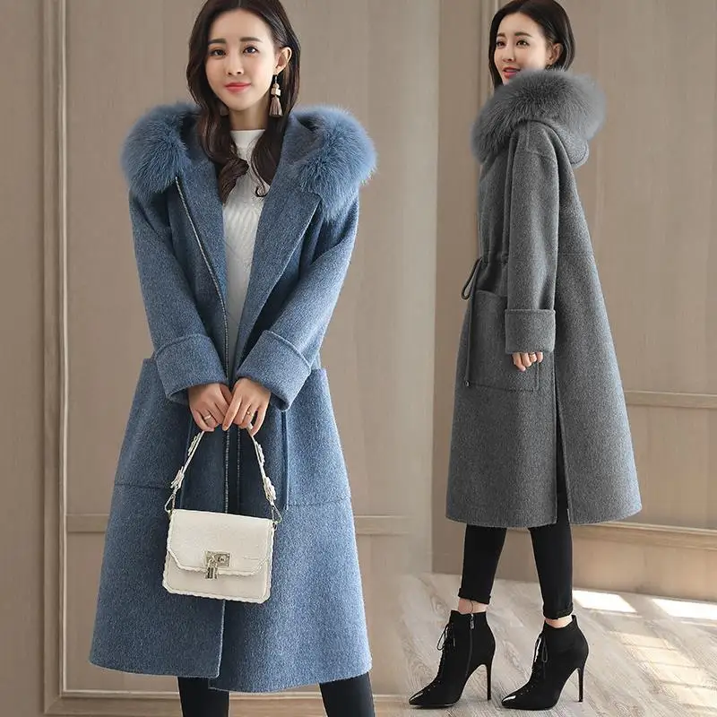 Wool Blends Women Coats Woolen Collar Hooded Trench Fur Collar Coat Zip Tie Side Split Coat Winter Clothes For Women S-3XL