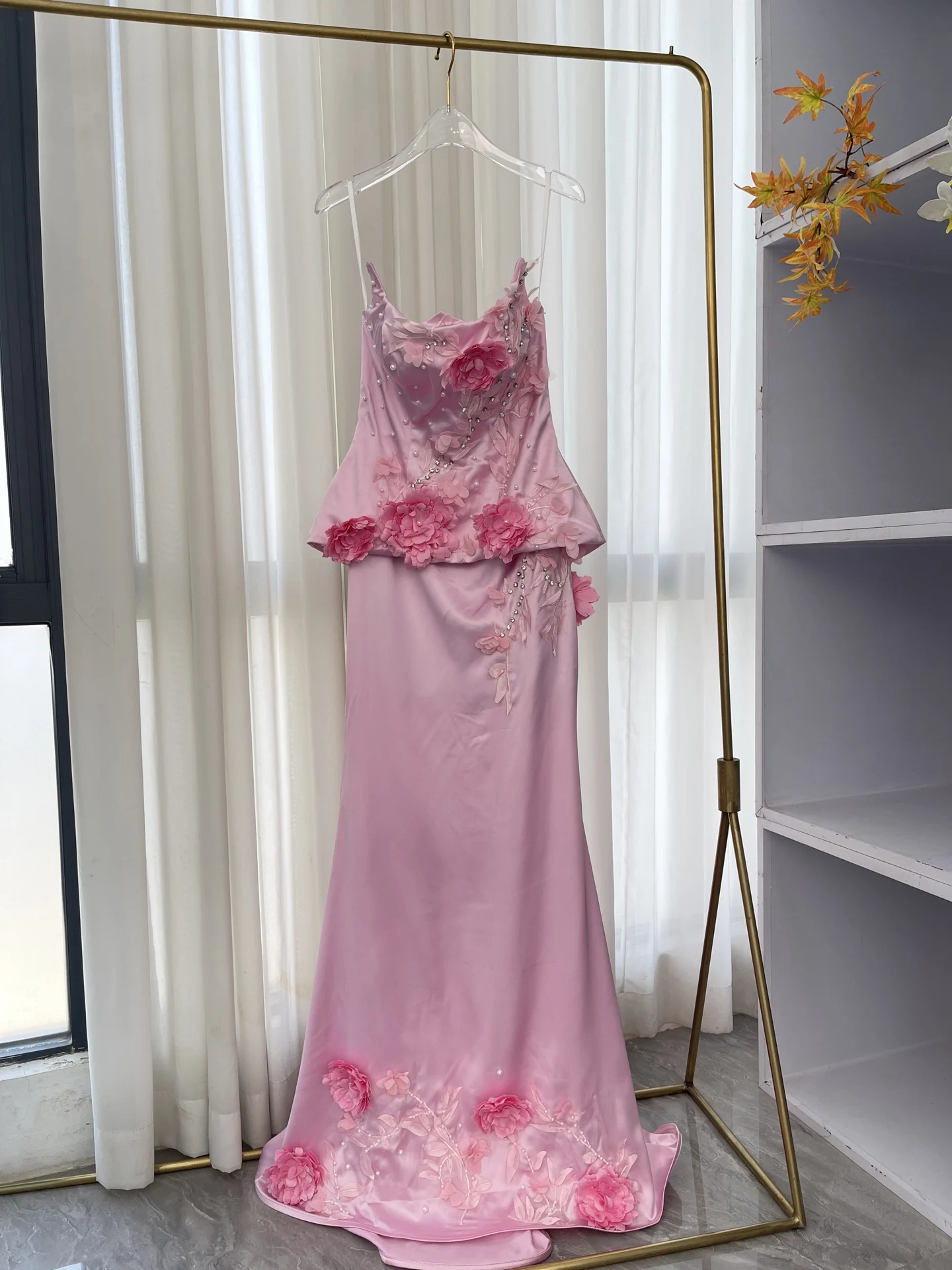 

Pink 3D Floral Applique Beaded Satin Formal Evening Dress Mermaid Gown