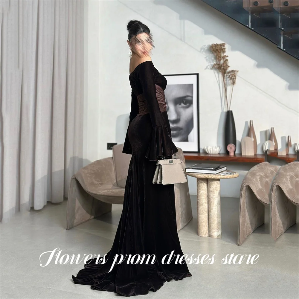 Dunkelbraune Ballkleider mit Blumen, schulterfrei, Gala-Kleider, Samt, ausgestellte Ärmel, Partykleid, Meerjungfrau