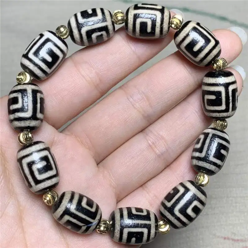 With Certificate, Natural Agate Genuine Weathering Pulp Black White Return Pattern Dzi Pendant Men's and Women's Bracelet Cr