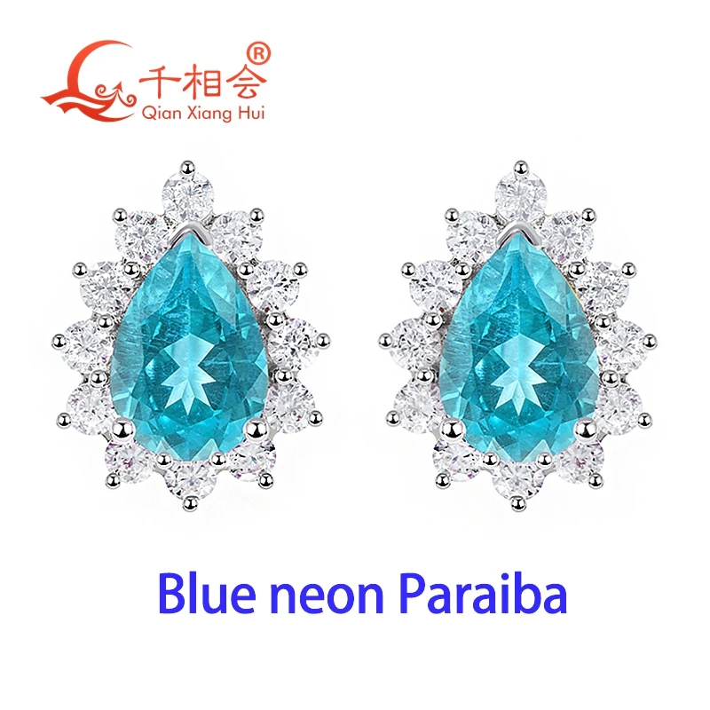 

Серьги из серебра S925 с грушевидными лабораторными неоновыми параибскими сине-зелеными YAG-камнями 5x7 мм с включениями, в оправе из муассанита, ювелирные изделия