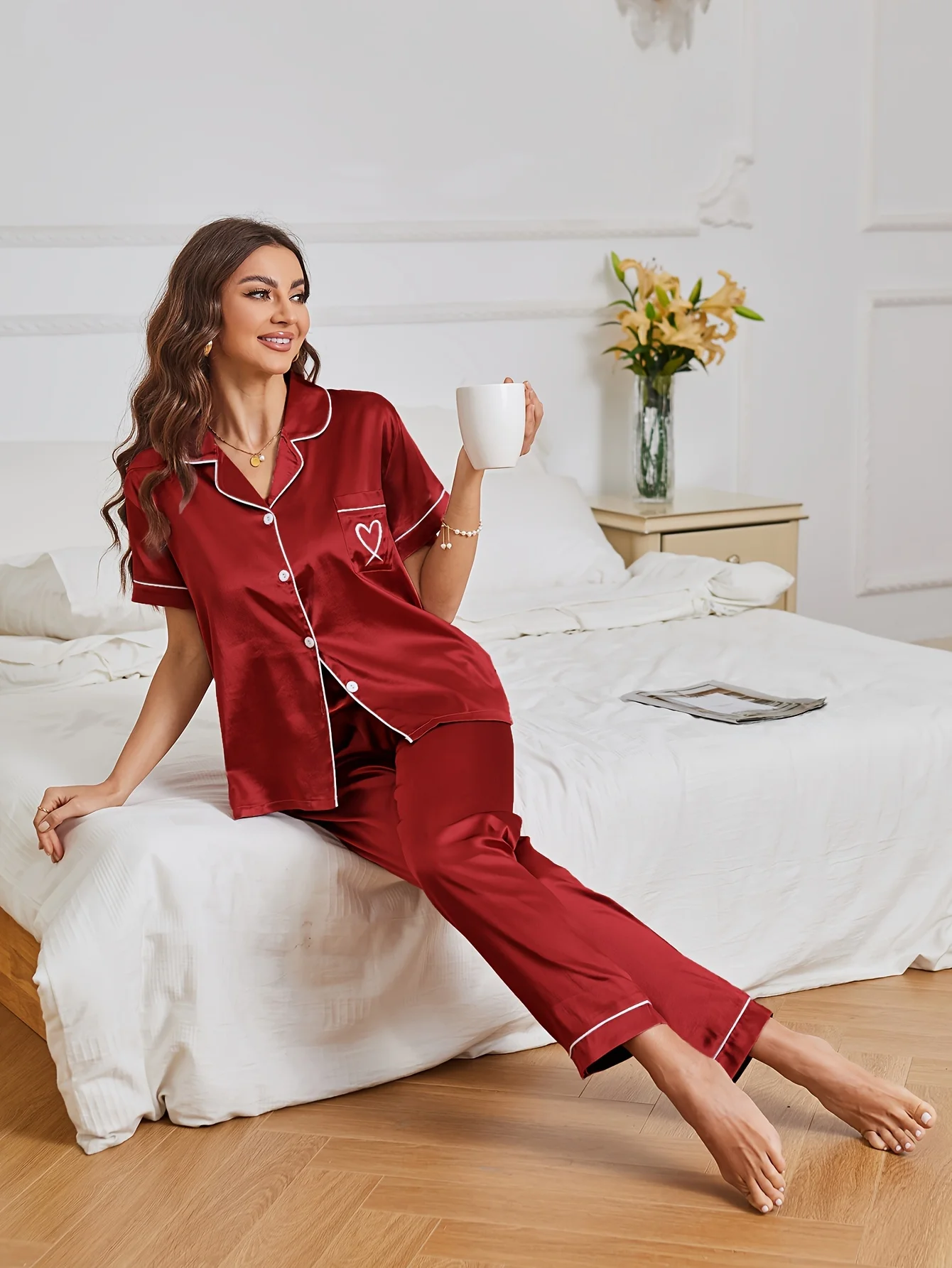 Heart Embroidery Satin Pajama Set Casual Short Sleeve Button Up Lapel Collar Top & Pants Women's Sleepwear