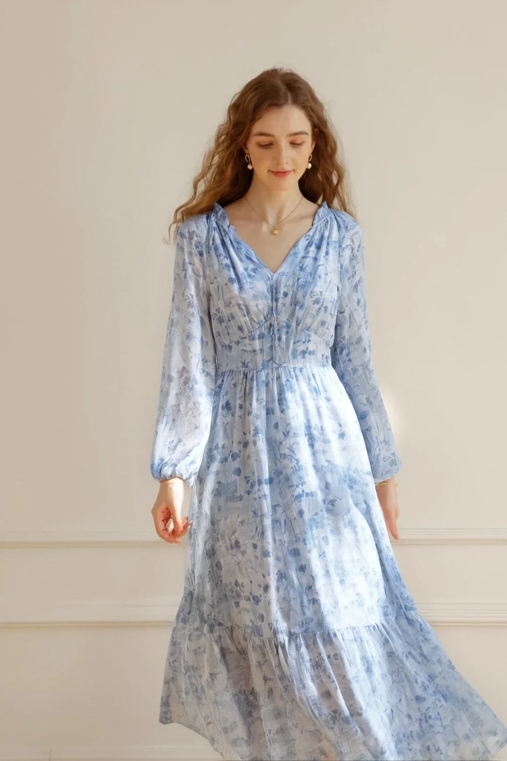 

VIMLY Spring Summer Casual Floral Holiday Bohemian Dress Women's Elegant V Neck Long puff Sleeve OL Work Party A-Line DressA0617