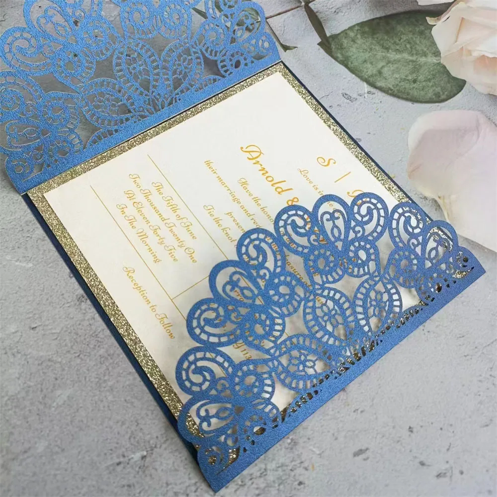 Blue Cards Wedding Invitation Customized Invite Printing With ribbon Envelope 50 Sets