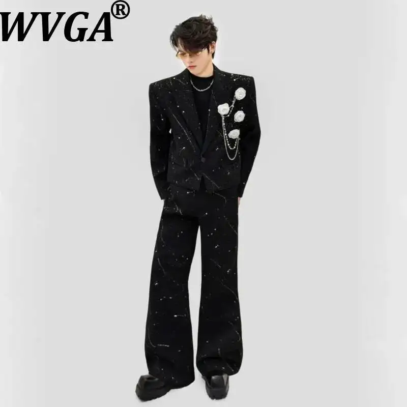 WVGA Spring Autumn New Men Starry Sky Three-dimensional Floral Chain Decorations Short Blazer Ncihe Pants Two Pieces Sets W26148