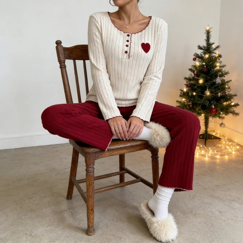 

Women Fleece-Lined Ribbed Long Sleeve Trousers Loungewear Autumn Winter Love Embroidery Pajama Set