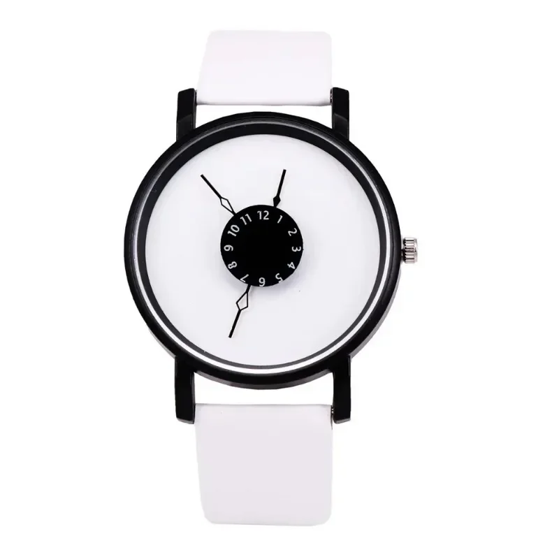 New Fashionable Personalized Reverse Pointer Quartz Watches Couple Leather Band Strap Wristwatch Creative White & Black Clock