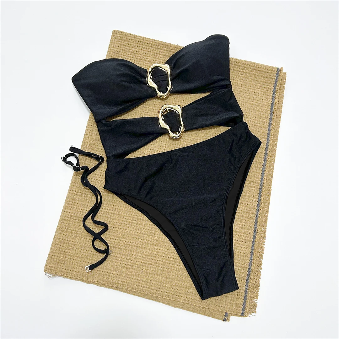 3 Farben, sexy Metallringe, ausgeschnittener Damen-Badeanzug, einteiliger Badeanzug, Damen-Bandeau, hoher Beinausschnitt, Badebekleidung, Badeanzug, Modell V5931. – Detail 15