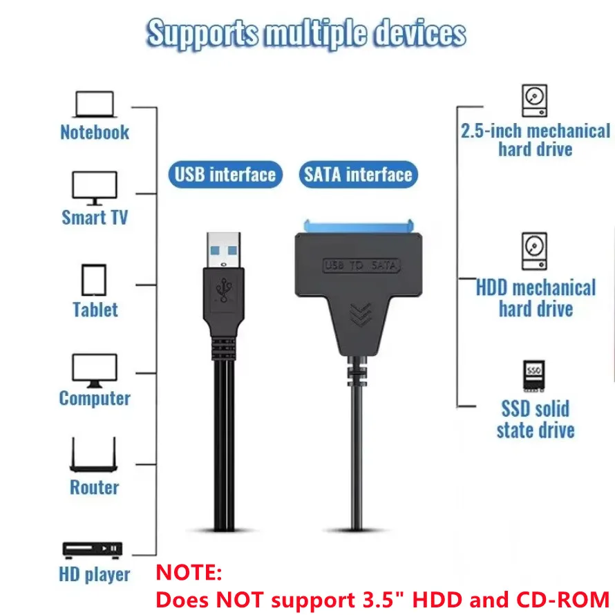 Adaptador de Cable SATA a USB Cable USB 2,0 a Sata de hasta 480 Mbps para disco duro SSD HDD externo de 2,5 pulgadas Adaptador SATA 3 de 22 pines