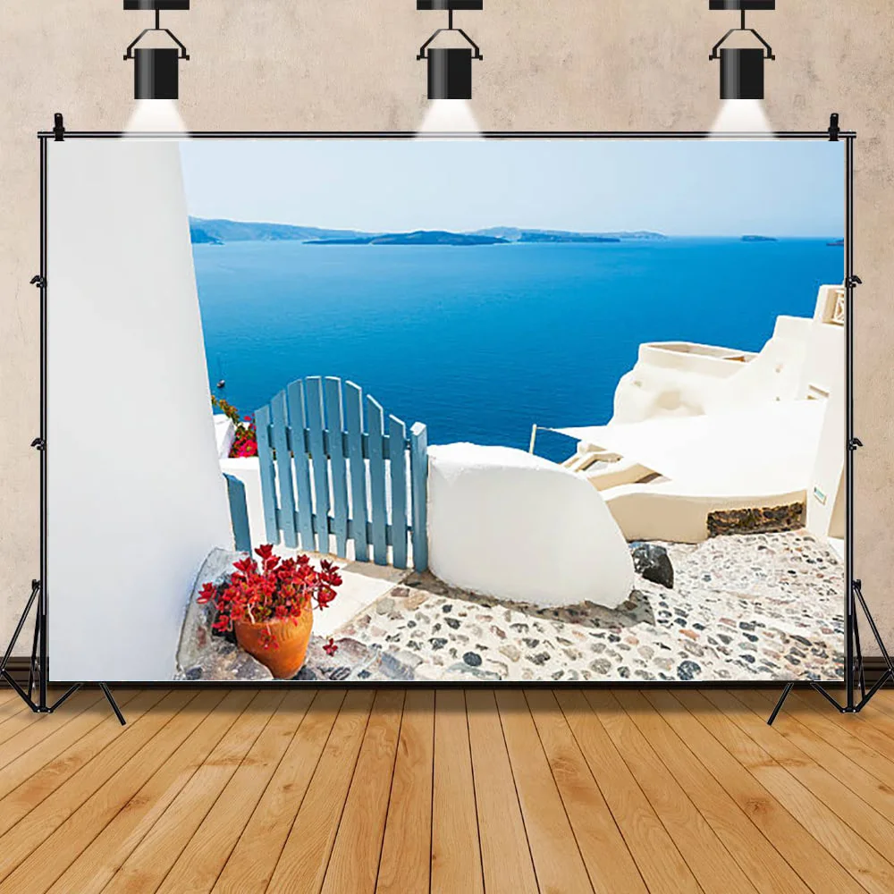 

ZHISUXI White Buildings In The Old City Of Santorini Island And Scenery Of The Aegean Sea Photographic Background Prop LHJ-03