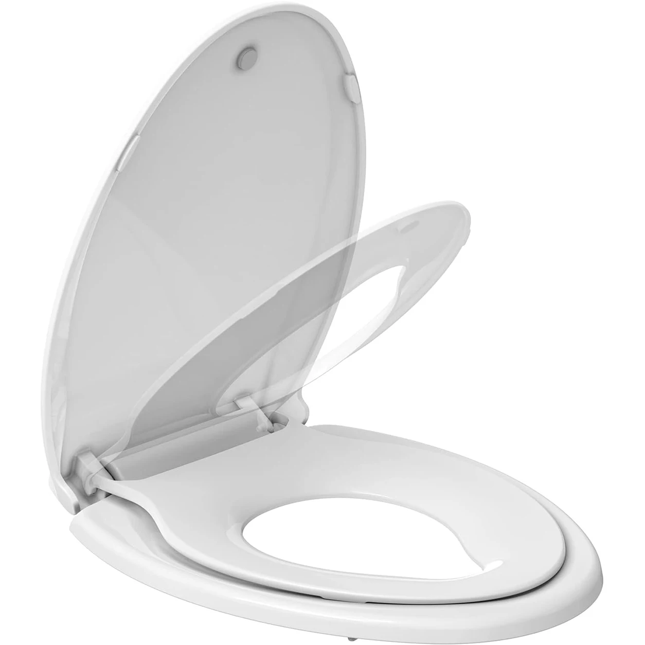19 Inch Elongated Toilet Seat with Built in Magnetic Potty Training Seat Soft Close Lid Non Slip Bumpers and Quick Release Hardware White Polypropylene Family Toilet Seat Easy To Install and Clean