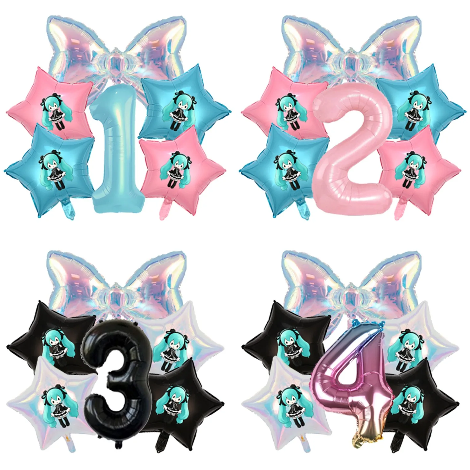 Hatsune Miku Geburtstagsballon-Arrangement Aqua-Grün Doppelschwanz-Folienballon plus Glitzer-Akzent Mylar für Anime-Kuchen-Tischdekoration