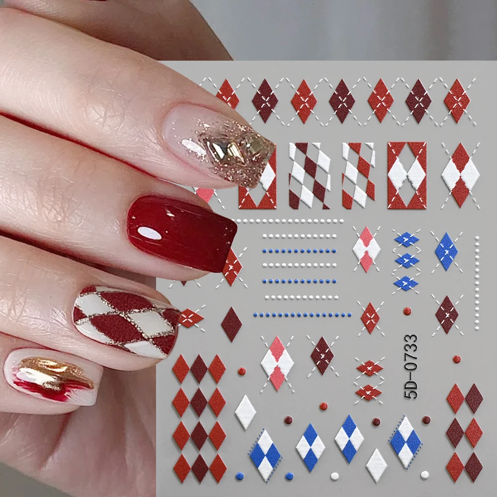 5D Y2K Red Black Checkerboard Nail Stickers Classic Embossed Rhombus Plaid  Decal Self-adhesive Checkerboard Manicure Slider