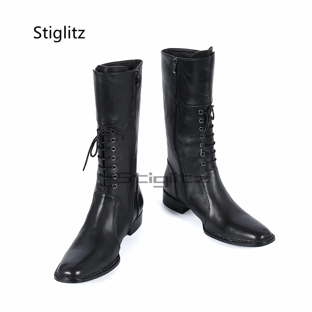 Men's Lace Up Riding Boots Black Genuine Leather Low Heels Long Motorcycle Boots British Style Buckle Party Dress Winter Shoes - view 3