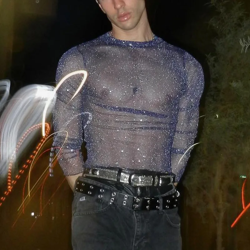 Mens Sexy Slim Stretch Purple Shiny Mesh See Through Short Long Sleeve O Neck Slim Fit  Top Crop T Shirts Live Show Dance