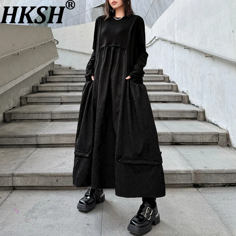 HKSH Autumn Winter New Women Dress O-neck Long Sleeves Patchwork Large Pockets Pleated Versatile Trend Oversized Dresses HK16491